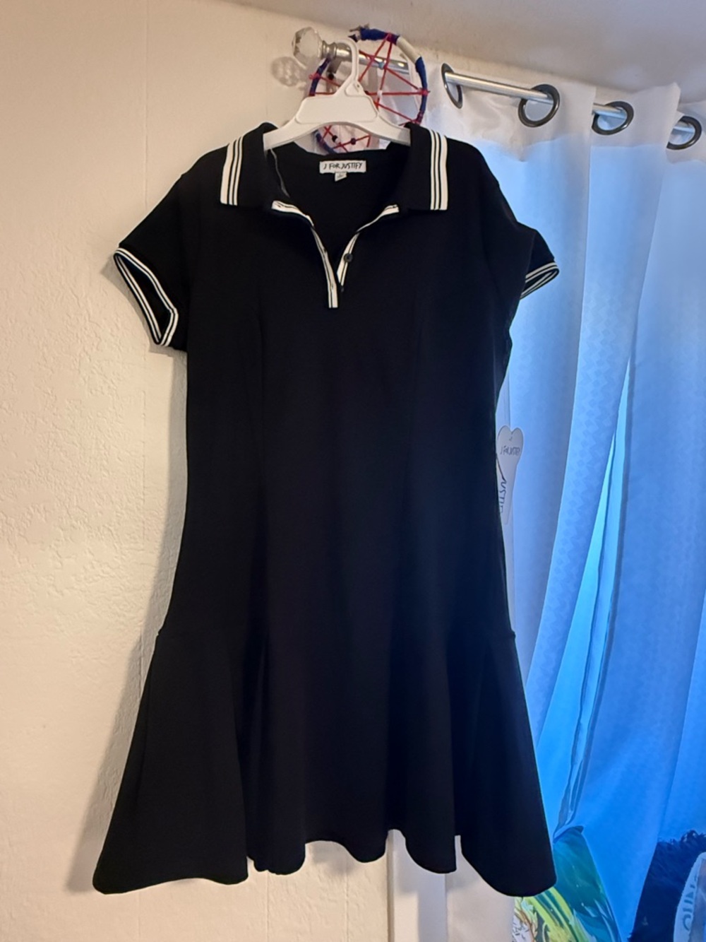 Black Knit Polo Dress with White Stripe Trim